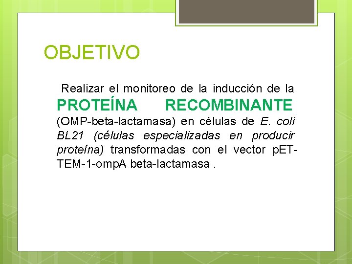 OBJETIVO Realizar el monitoreo de la inducción de la PROTEÍNA RECOMBINANTE (OMP-beta-lactamasa) en células