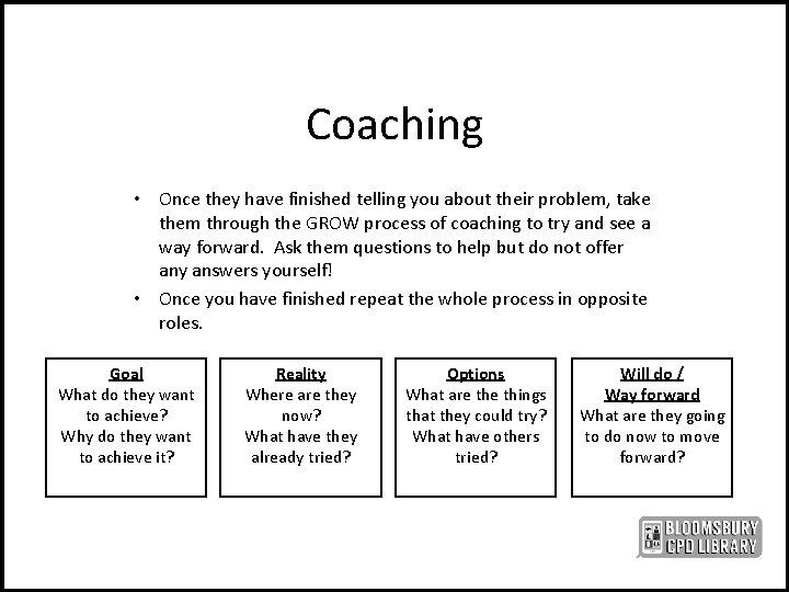 Coaching • Once they have finished telling you about their problem, take them through