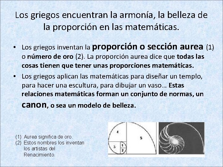 Los griegos encuentran la armonía, la belleza de la proporción en las matemáticas. •