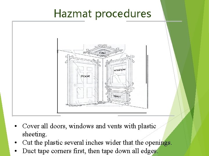 Hazmat procedures • Cover all doors, windows and vents with plastic sheeting. • Cut