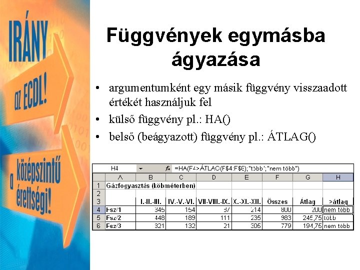 Függvények egymásba ágyazása • argumentumként egy másik függvény visszaadott értékét használjuk fel • külső