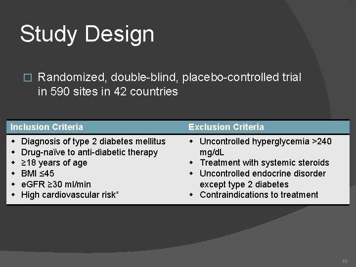 Study Design � Randomized, double-blind, placebo-controlled trial in 590 sites in 42 countries Inclusion