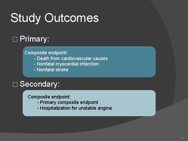 Study Outcomes � Primary: Composite endpoint: - Death from cardiovascular causes - Nonfatal myocardial