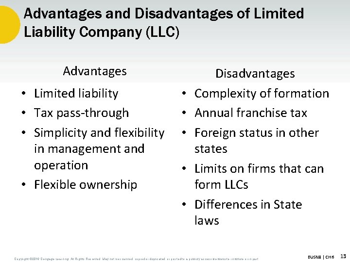 Advantages and Disadvantages of Limited Liability Company (LLC) Advantages • Limited liability • Tax