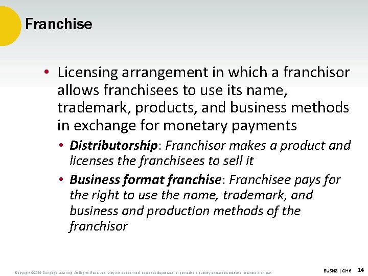 Franchise • Licensing arrangement in which a franchisor allows franchisees to use its name,