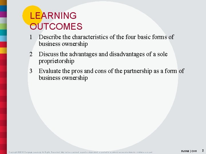 LEARNING OUTCOMES 1 Describe the characteristics of the four basic forms of business ownership