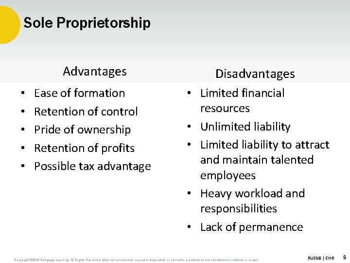 Sole Proprietorship • • • Advantages Disadvantages Ease of formation Retention of control Pride