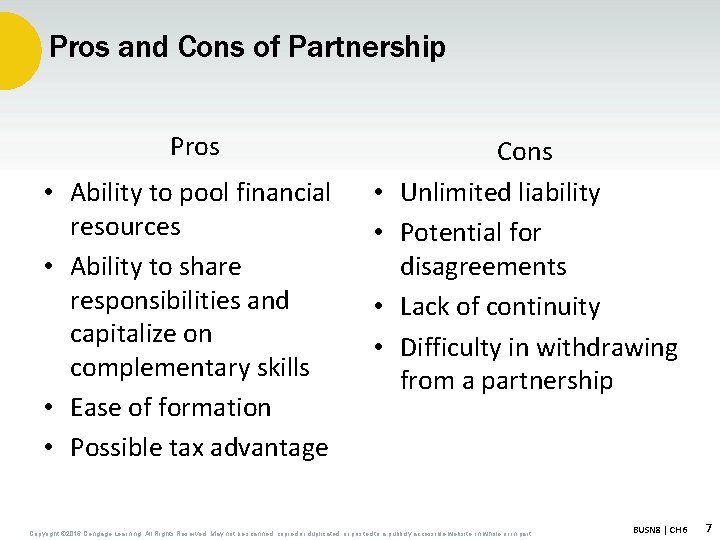 Pros and Cons of Partnership Pros • Ability to pool financial resources • Ability