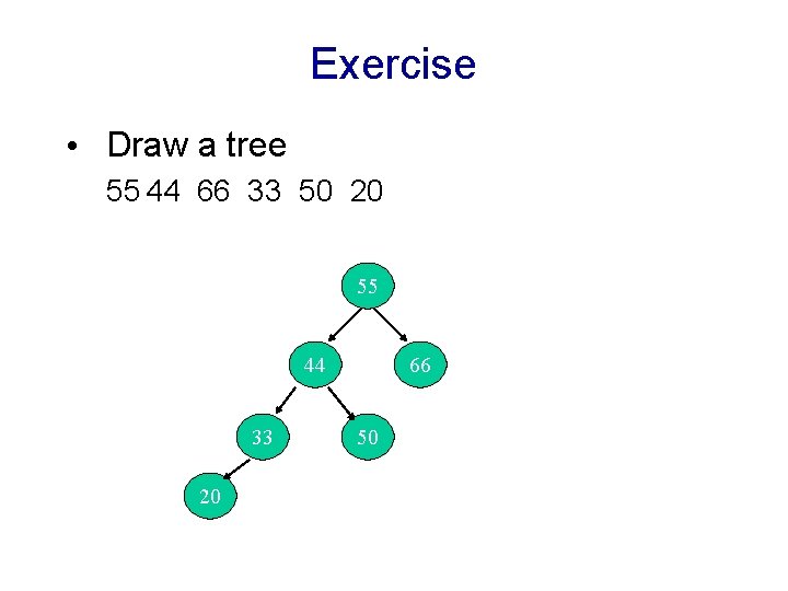 Exercise • Draw a tree 55 44 66 33 50 20 Write pseudo code Exercise • Draw a tree 55 44 66 33 50 20 Write pseudo code