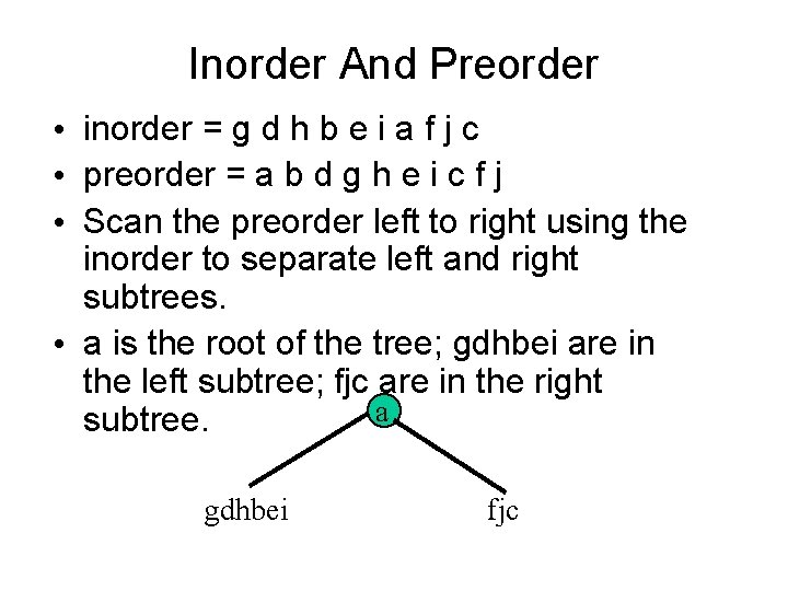 Inorder And Preorder • inorder = g d h b e i a f Inorder And Preorder • inorder = g d h b e i a f