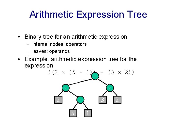 Arithmetic Expression Tree • Binary tree for an arithmetic expression – internal nodes: operators Arithmetic Expression Tree • Binary tree for an arithmetic expression – internal nodes: operators
