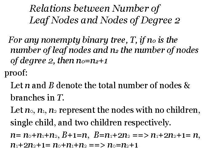 Relations between Number of Leaf Nodes and Nodes of Degree 2 For any nonempty