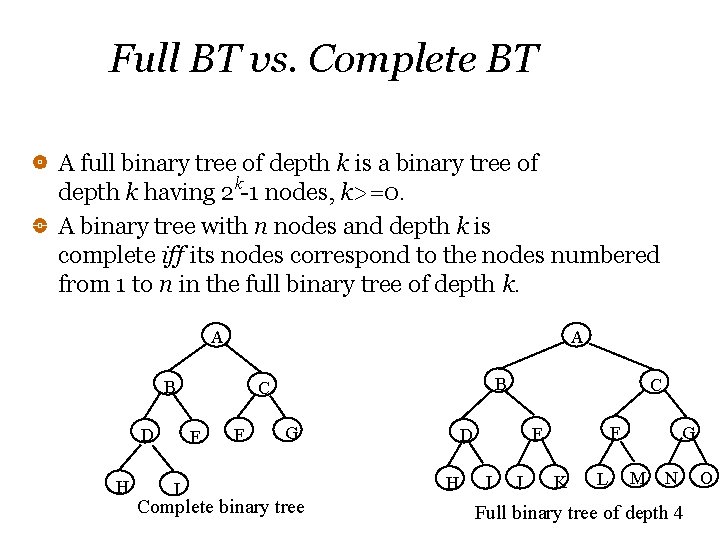 Full BT vs. Complete BT A full binary tree of depth k is a Full BT vs. Complete BT A full binary tree of depth k is a