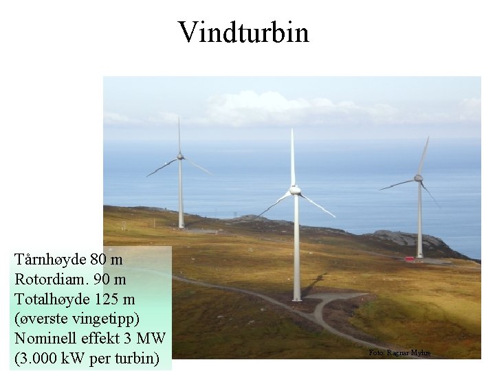 Vindturbin Tårnhøyde 80 m Rotordiam. 90 m Totalhøyde 125 m (øverste vingetipp) Nominell effekt