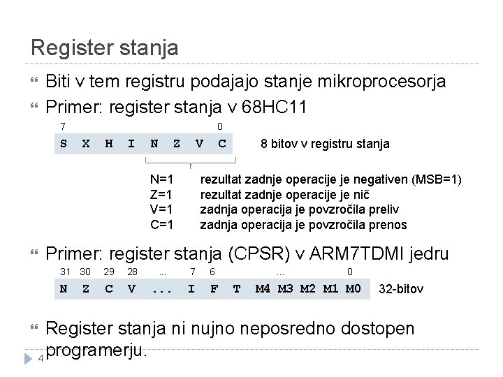 Register stanja Biti v tem registru podajajo stanje mikroprocesorja Primer: register stanja v 68