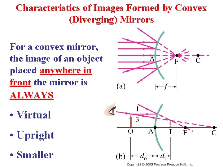 Characteristics of Images Formed by Convex (Diverging) Mirrors For a convex mirror, the image