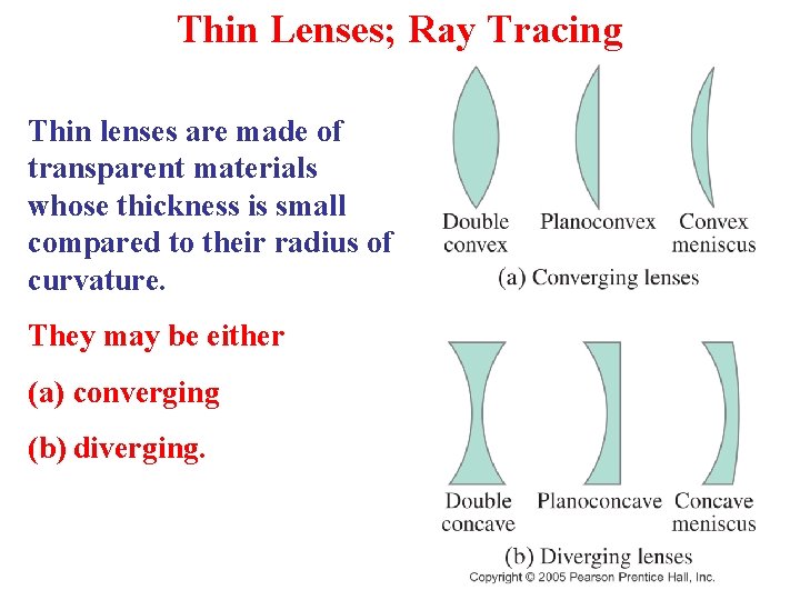 Thin Lenses; Ray Tracing Thin lenses are made of transparent materials whose thickness is