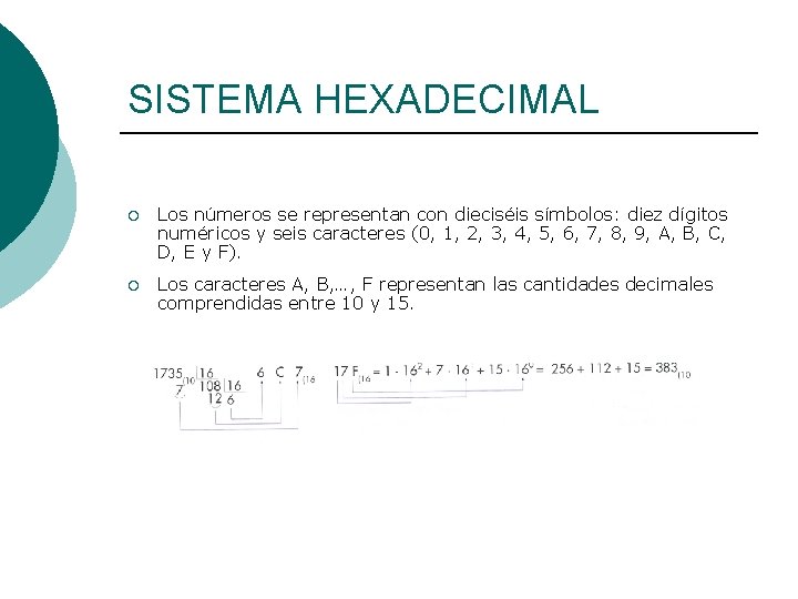 SISTEMA HEXADECIMAL ¡ Los números se representan con dieciséis símbolos: diez dígitos numéricos y