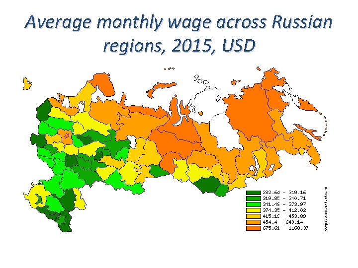 Average monthly wage across Russian regions, 2015, USD 