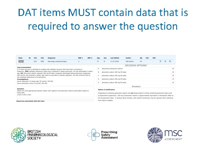 DAT items MUST contain data that is required to answer the question 