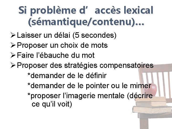 Si problème d’accès lexical (sémantique/contenu)… Ø Laisser un délai (5 secondes) Ø Proposer un