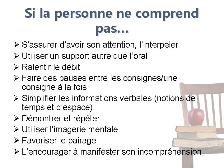 Si la personne ne comprend pas… Ø S’assurer d’avoir son attention, l’interpeler Ø Utiliser Si la personne ne comprend pas… Ø S’assurer d’avoir son attention, l’interpeler Ø Utiliser