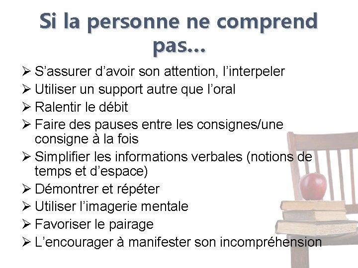 Si la personne ne comprend pas… Ø S’assurer d’avoir son attention, l’interpeler Ø Utiliser