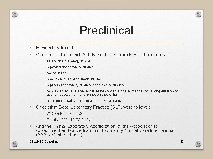 Preclinical • Review In Vitro data • Check compliance with Safety Guidelines from ICH