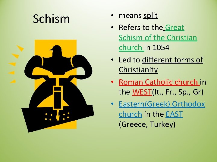 Schism • means split • Refers to the Great Schism of the Christian church