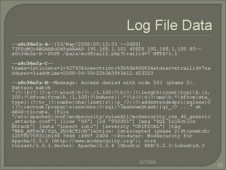 Log File Data --a 0 c 36 e 2 a-A--[03/May/2008: 09: 13: 03 --0600]