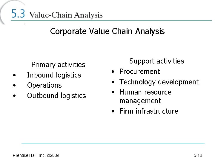 Corporate Value Chain Analysis • • • Primary activities Inbound logistics Operations Outbound logistics