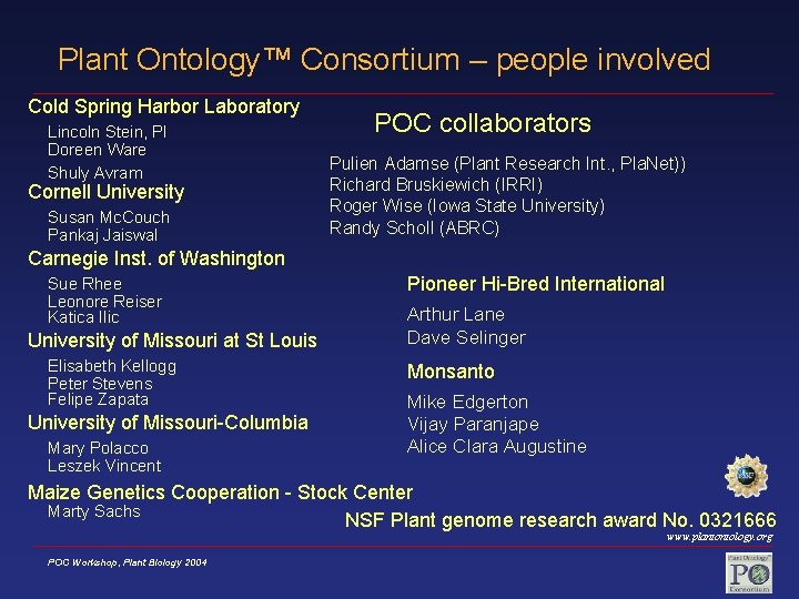 Plant Ontology™ Consortium – people involved Cold Spring Harbor Laboratory Lincoln Stein, PI Doreen