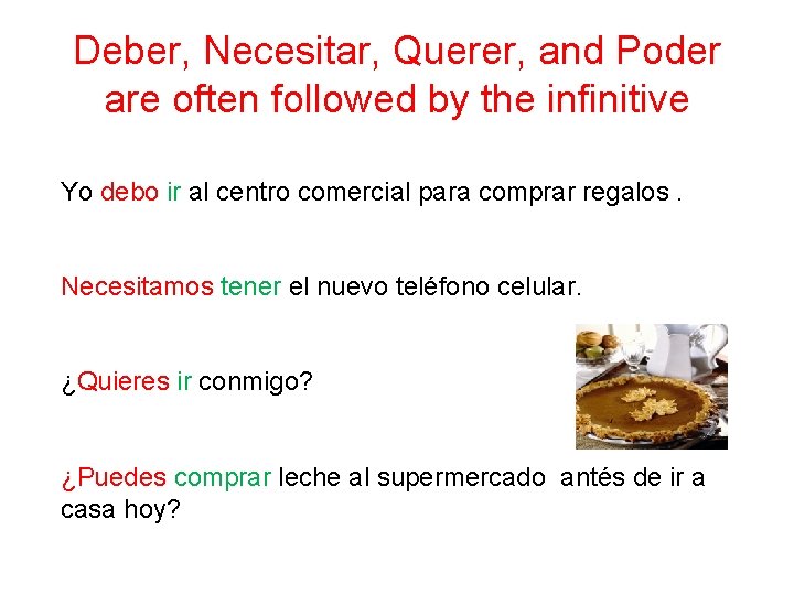 Deber, Necesitar, Querer, and Poder are often followed by the infinitive Yo debo ir