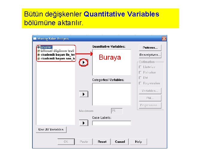 Bütün değişkenler Quantitative Variables bölümüne aktarılır. 