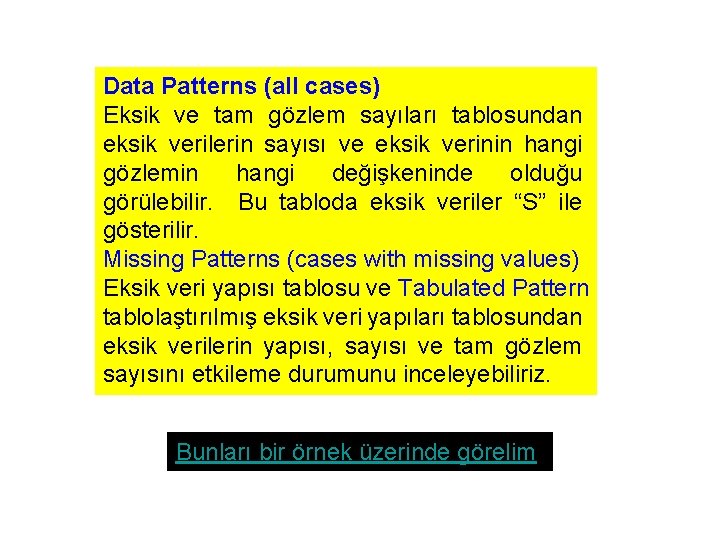 Data Patterns (all cases) Eksik ve tam gözlem sayıları tablosundan eksik verilerin sayısı ve