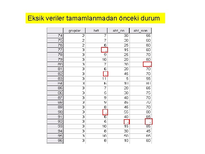 Eksik veriler tamamlanmadan önceki durum 