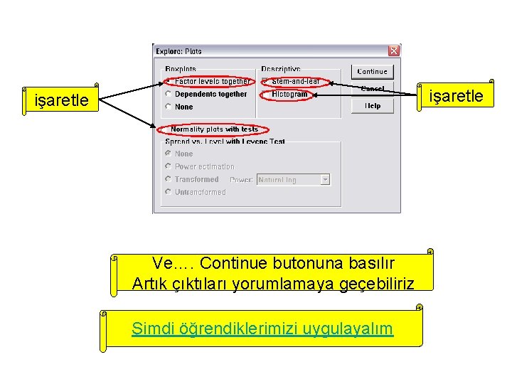 işaretle Ve…. Continue butonuna basılır Artık çıktıları yorumlamaya geçebiliriz Şimdi öğrendiklerimizi uygulayalım 