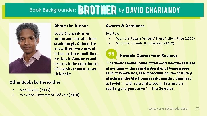 About the Author Awards & Accolades David Chariandy is an author and educator from