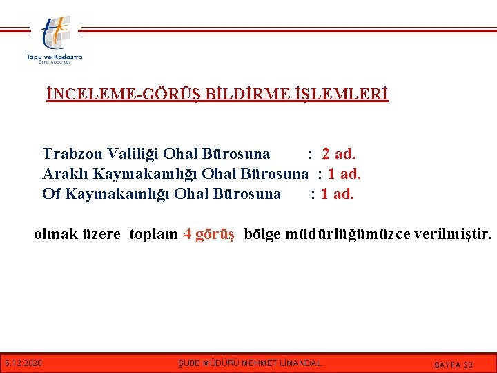 İNCELEME-GÖRÜŞ BİLDİRME İŞLEMLERİ Trabzon Valiliği Ohal Bürosuna : 2 ad. Araklı Kaymakamlığı Ohal Bürosuna