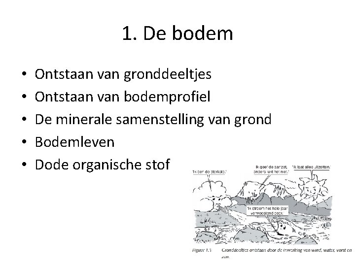 1. De bodem • • • Ontstaan van gronddeeltjes Ontstaan van bodemprofiel De minerale