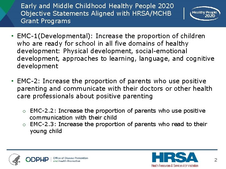 Early and Middle Childhood Healthy People 2020 Objective Statements Aligned with HRSA/MCHB Grant Programs