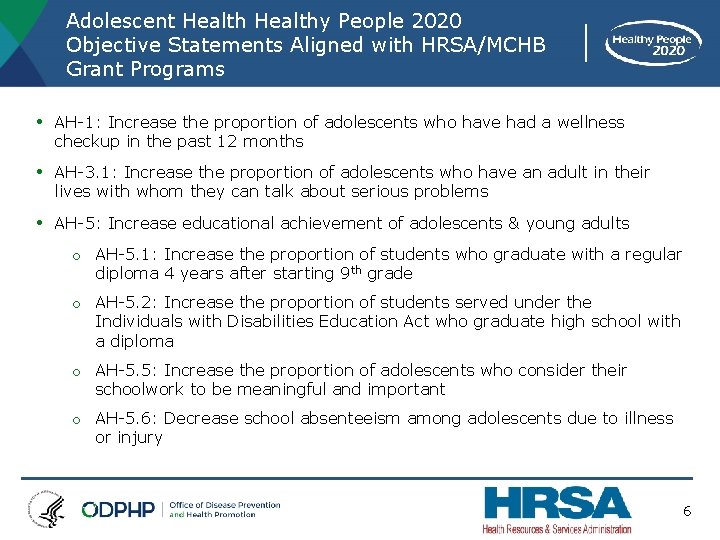 Adolescent Healthy People 2020 Objective Statements Aligned with HRSA/MCHB Grant Programs • AH-1: Increase