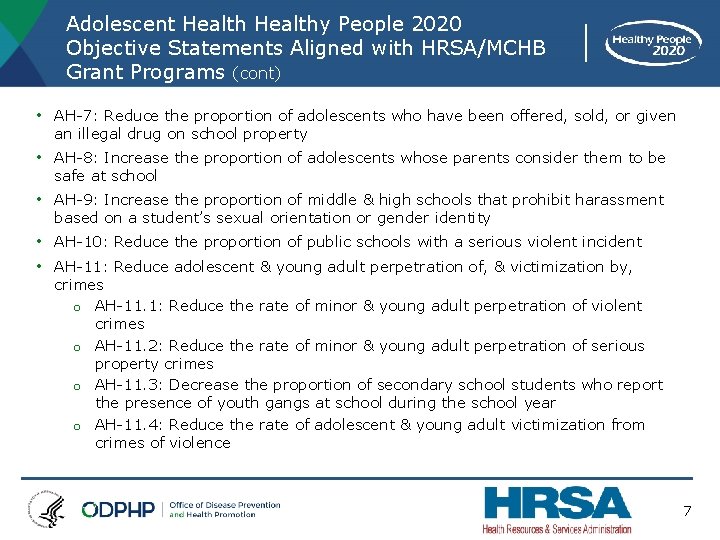 Adolescent Healthy People 2020 Objective Statements Aligned with HRSA/MCHB Grant Programs (cont) • AH-7: