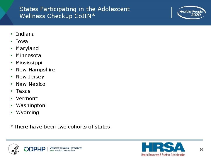 States Participating in the Adolescent Wellness Checkup Co. IIN* • • • Indiana Iowa