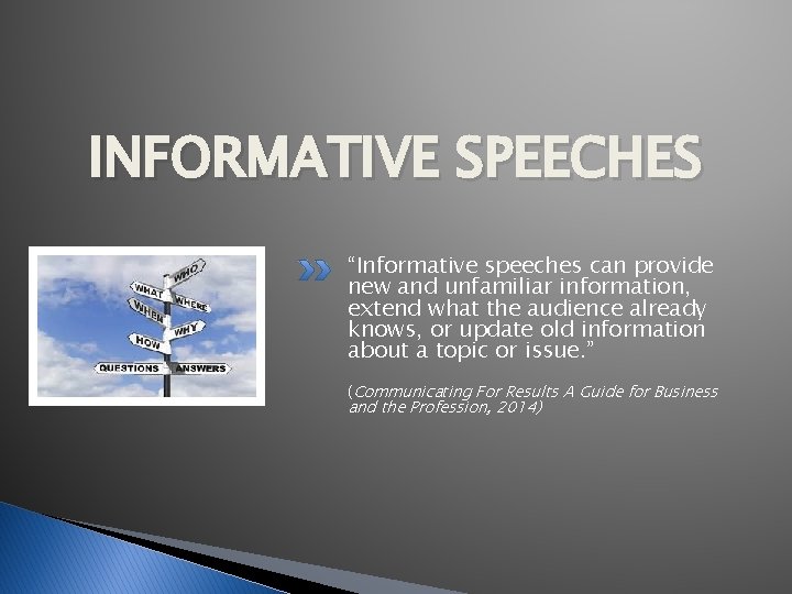 INFORMATIVE SPEECHES “Informative speeches can provide new and unfamiliar information, extend what the audience