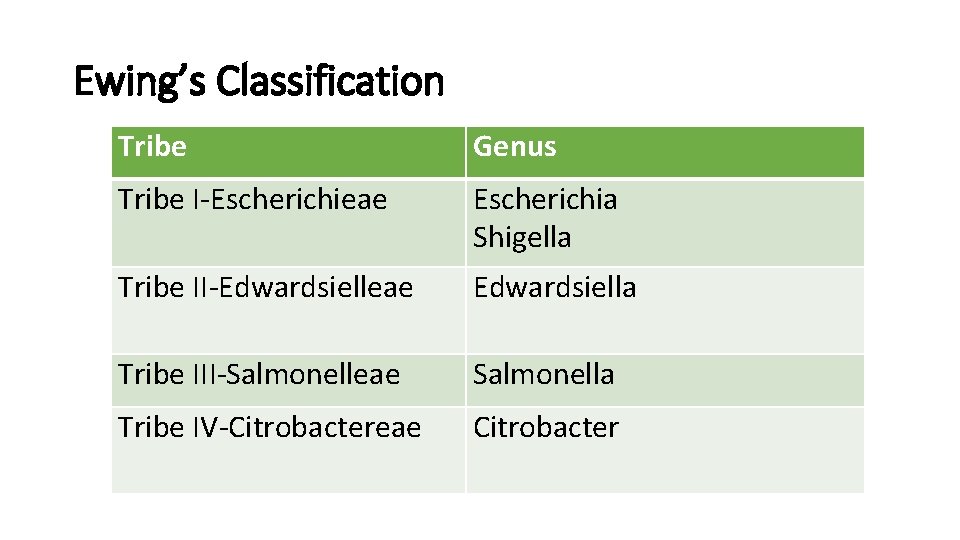 Ewing’s Classification Tribe Genus Tribe I-Escherichieae Escherichia Shigella Tribe II-Edwardsielleae Edwardsiella Tribe III-Salmonelleae Salmonella