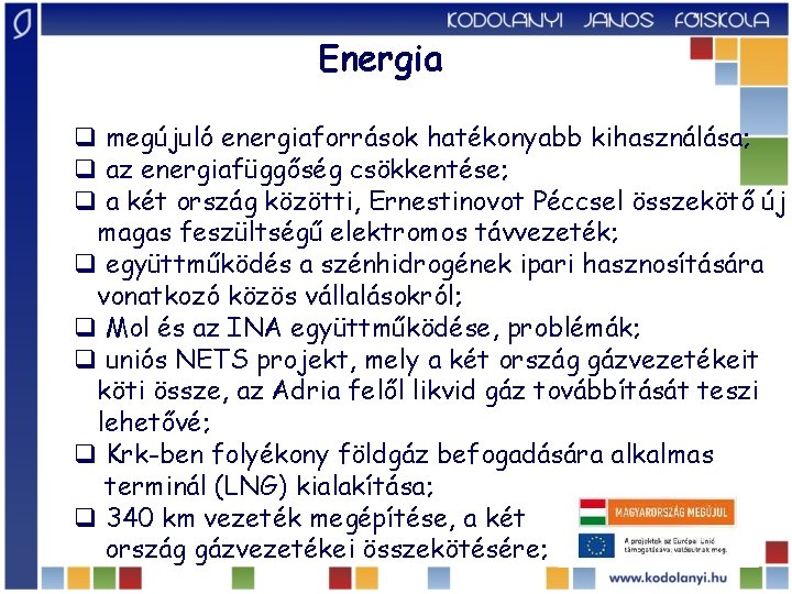 Energia q megújuló energiaforrások hatékonyabb kihasználása; q az energiafüggőség csökkentése; q a két ország