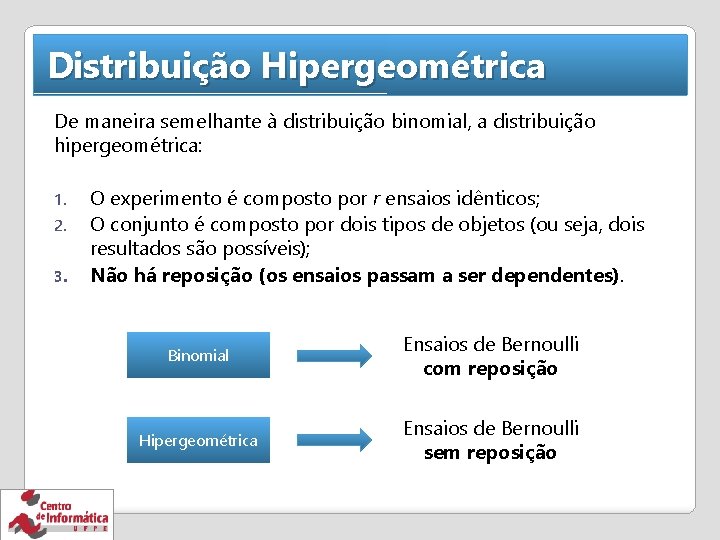 Distribuição Hipergeométrica De maneira semelhante à distribuição binomial, a distribuição hipergeométrica: 1. 2. 3.