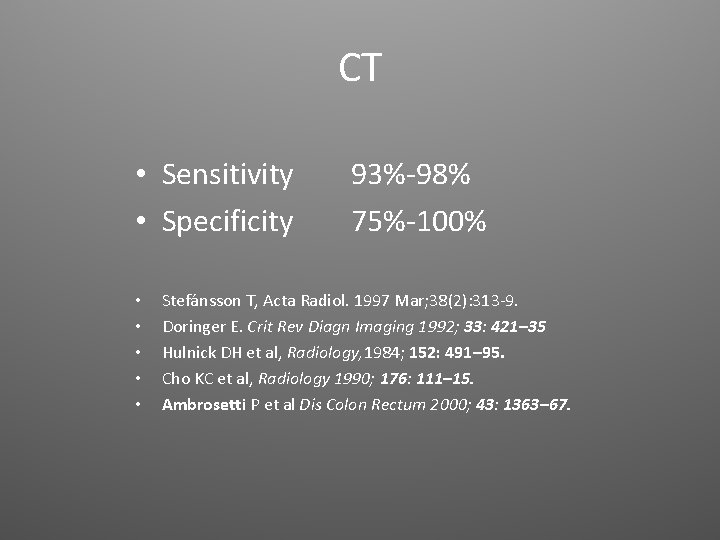 CT • Sensitivity • Specificity • • • 93%-98% 75%-100% Stefánsson T, Acta Radiol.