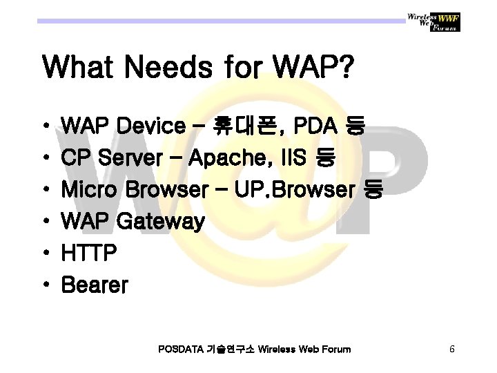 What Needs for WAP? • • • WAP Device – 휴대폰, PDA 등 CP